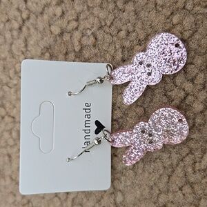 Handmade Pink Glitter Resin Earrings – Sparkly Dangle Drops Bunny Earrings  159